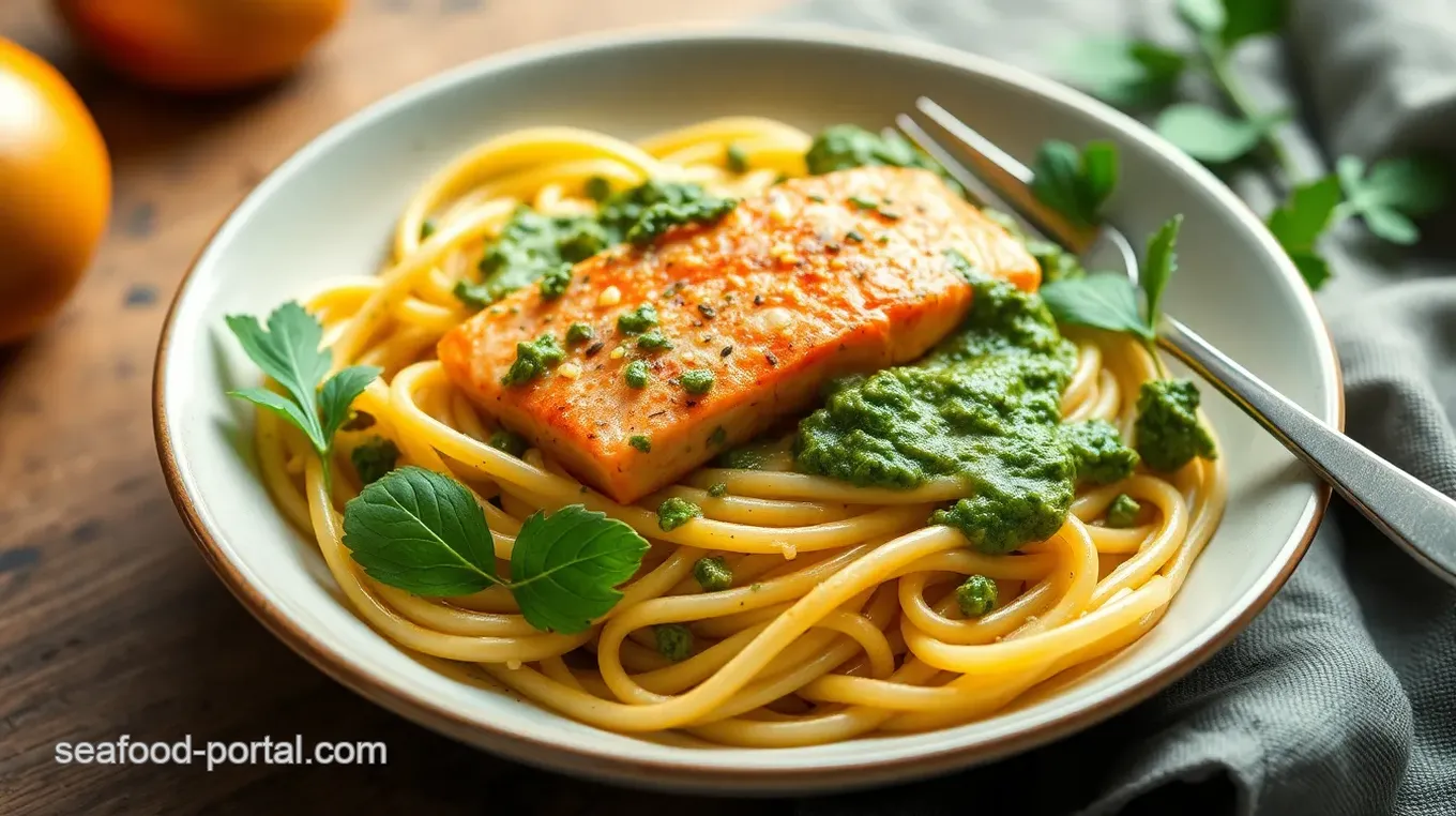 Quick Salmon Pasta with Fresh Pesto Sauce