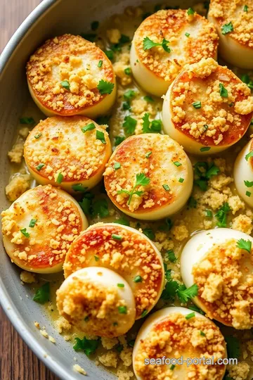 Baked Sea Scallops with Crispy Garlic Topping presentation