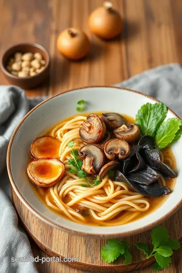 Ramen with Shiitake Mushrooms & Prawn Dumplings presentation