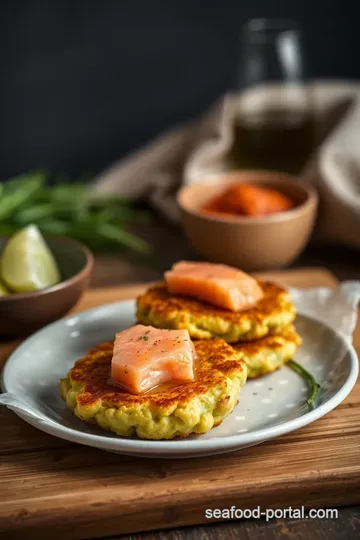 Fried Green Bean Fritters with Salmon presentation