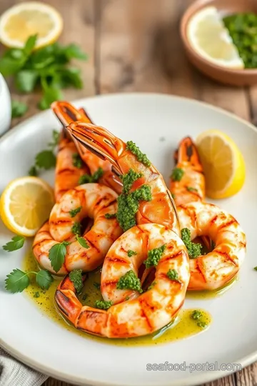 Grilled King Prawns with Pesto Delight presentation