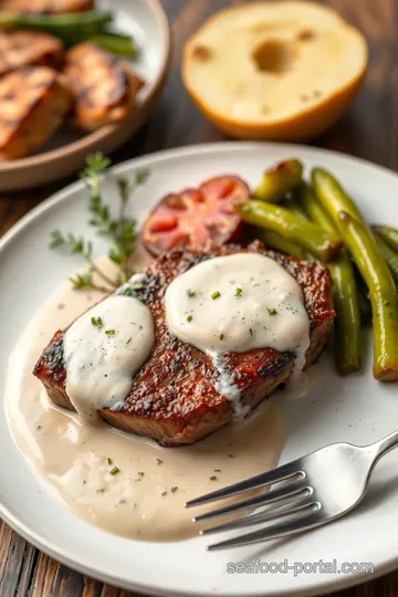 Grilled Sirloin Steak with Creamy Shrimp Sauce presentation