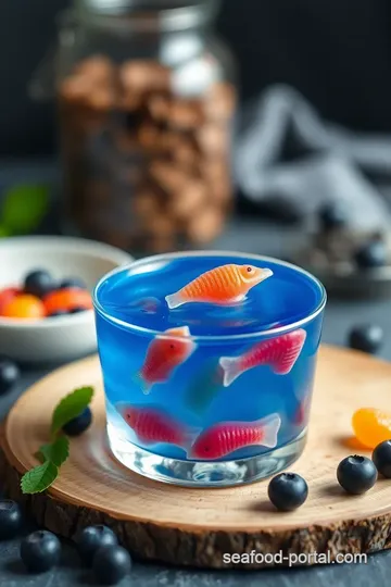 Prepare Blueberry Jell-O with Gummy Fish presentation