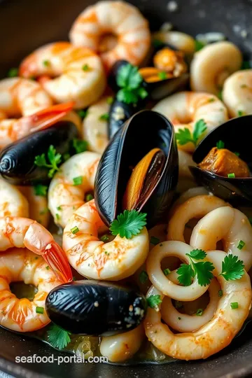 Seafood Medley with Garlic and White Wine Sauce presentation