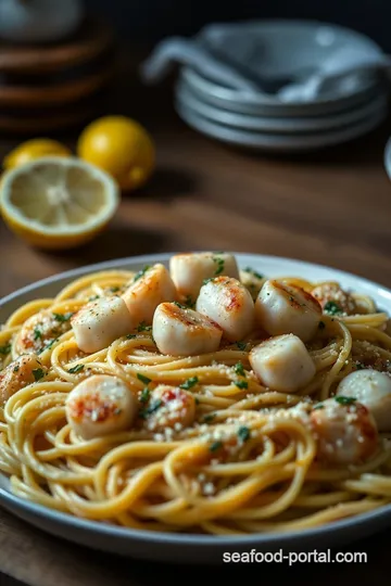 Seared Sea Scallops with Garlic Lemon Pasta presentation