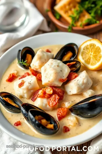 Creamy Bacon Cod & Mussels Chowder presentation