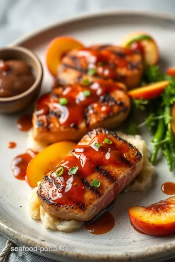 Sear Tuna Steaks with Spicy Peach Glaze presentation