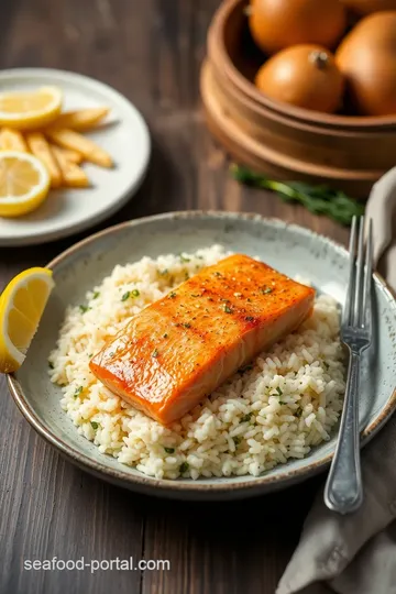 Steamed Salmon Steaks with Flavored Rice presentation