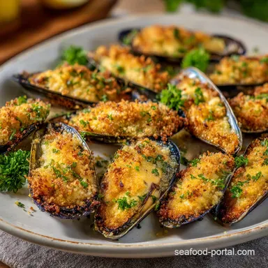 Baked Delicious Mussels Appetizer with Garlic: Crispy Baked Recipe Card