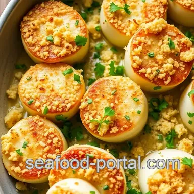 Baked Sea Scallops with Crispy Garlic Topping Recipe Card