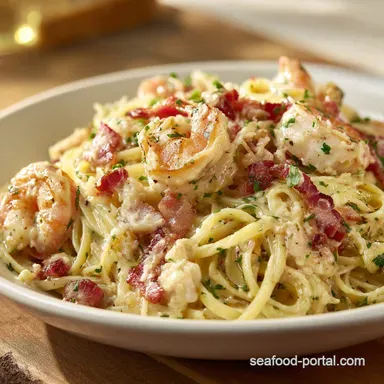 Chicken and Shrimp Carbonara with Bacon in 35 Min Recipe Card