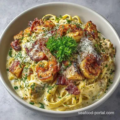 Chicken and Shrimp Carbonara: Velvety Surf Turf Masterpiece Recipe Card