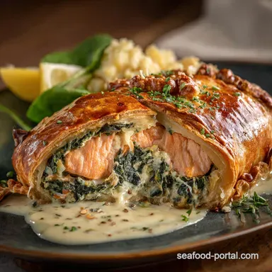 Salmon Wellington: Easy Showstopper Recipe with Creamy Spinach Filling Recipe Card