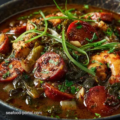 Collard green gumbo recipe: Smoked Sausage Chicken with a Dark Roux Recipe Card