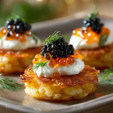 Caviar Appetizers: Crisp Potato Galettes Cr&egrave;me Fra&icirc;che Recipe Card