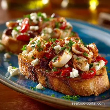 Calamari Toast with Roasted Garlic Chilis and Feta Mediterranean Style