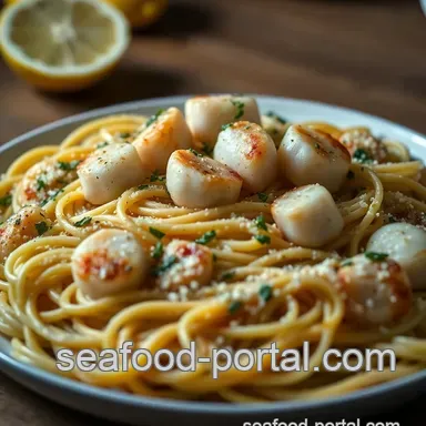 Seared Sea Scallops with Garlic Lemon Pasta presentation