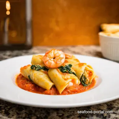 Shrimp Spinach Stuffed Pasta Rolls Creamy Tomato Delight Recipe Card