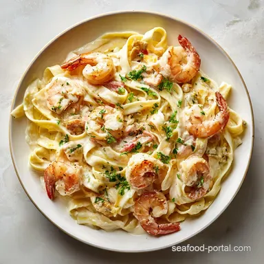 Shrimp Chicken Fettuccine Alfredo in 30 Minutes for 4 Servings Recipe Card