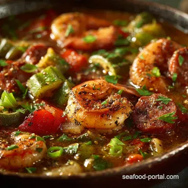 Shrimp Okra and Sausage Ultimate Smoky Gumbo Style Stew Recipe Card