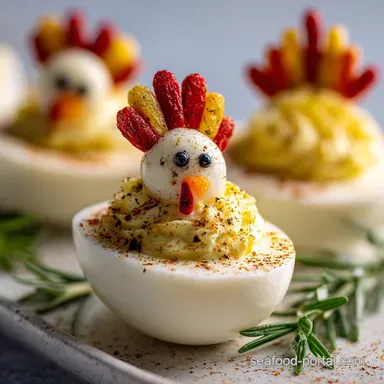 Whimsical Turkey Deviled Egg Festive Fun Appetizer for Thanksgiving Recipe Card