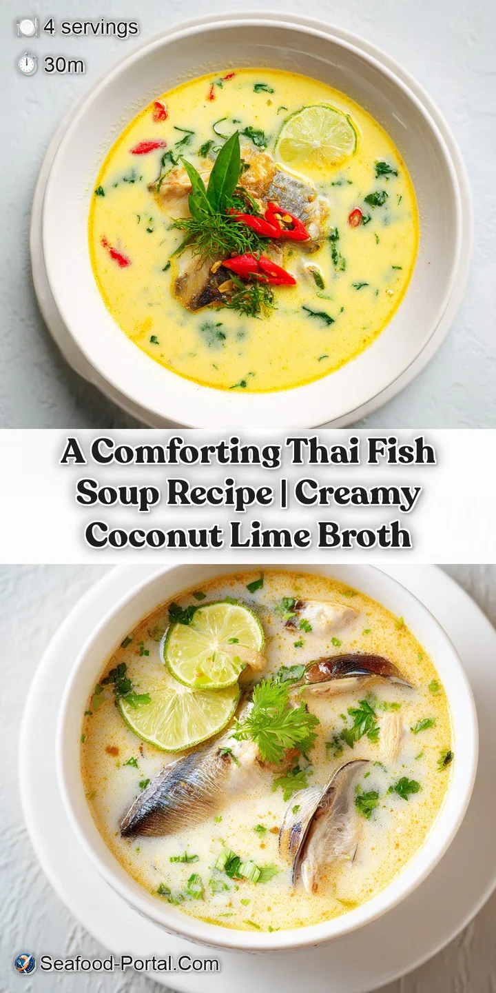 Close-up of flaky white fish in a rich, aromatic broth, speckled with bright chili and fragrant herbs.