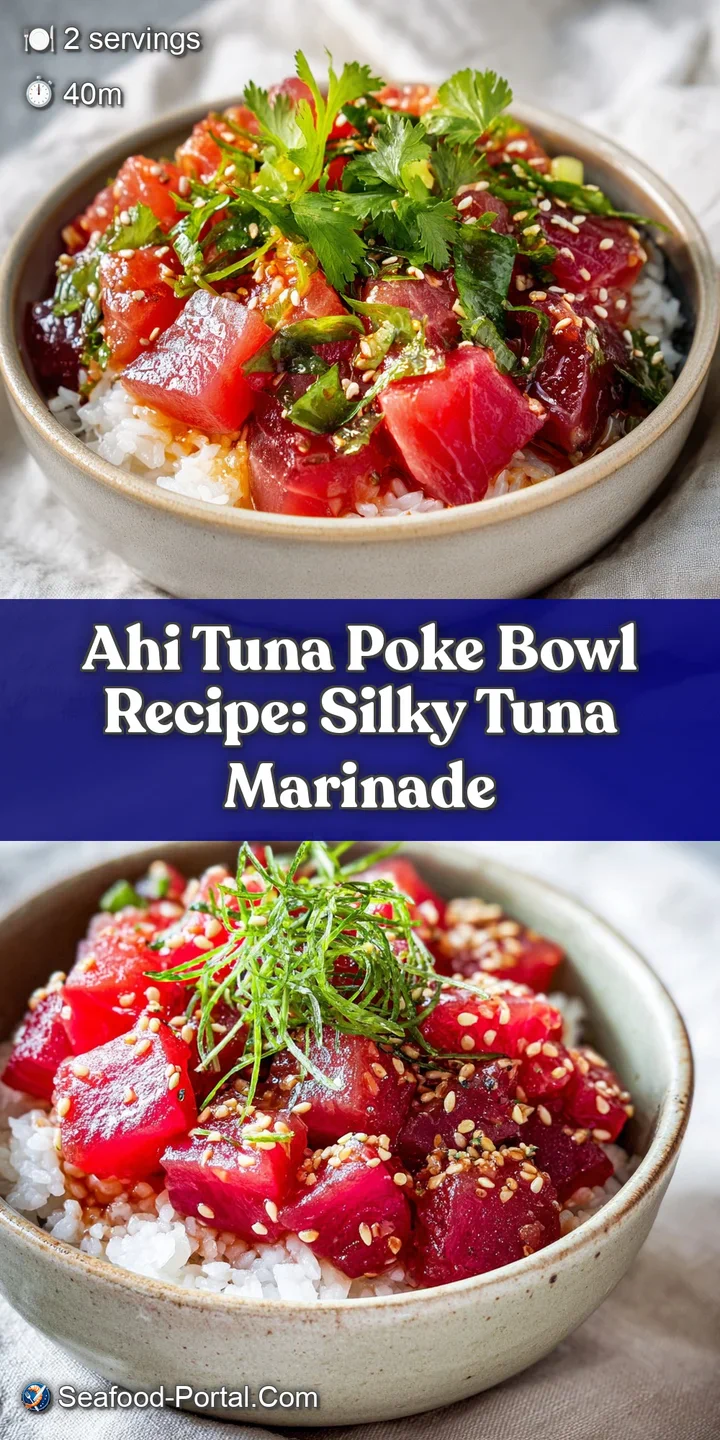 Close-up of an appetizing poke bowl; raw tuna glistens, contrasting with the creamy avocado and crunchy seaweed salad acce...