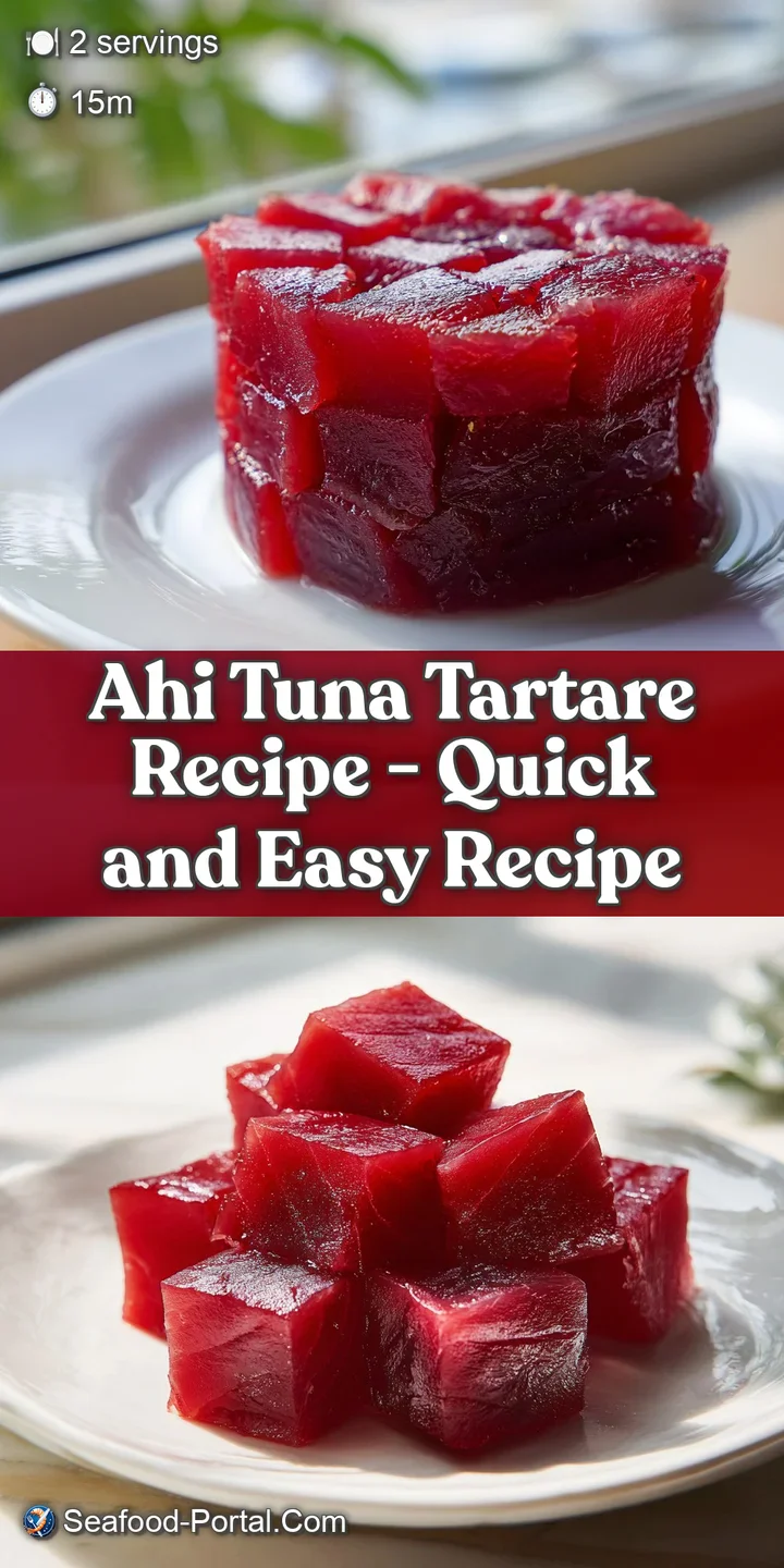 Close-up of glistening ruby-red tuna cubes mixed with zesty citrus juice and finely chopped green chives.