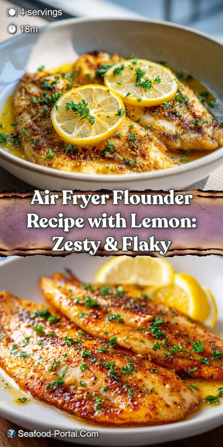 Close-up of tender, flaky air-fried flounder, glistening with lemon juice, showcasing its appetizing, lightly browned text...