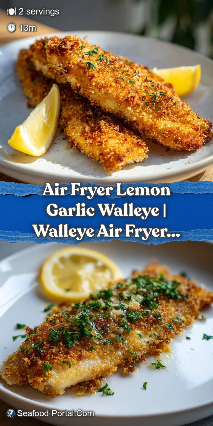 Up-close view reveals the crispy texture and delicate flakes of air-fried walleye, infused with lemon and garlic.