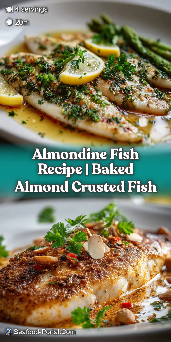 Buttery, golden-brown almond slices clinging to the surface of tender, baked white fish. A delightful close-up showcasing ...