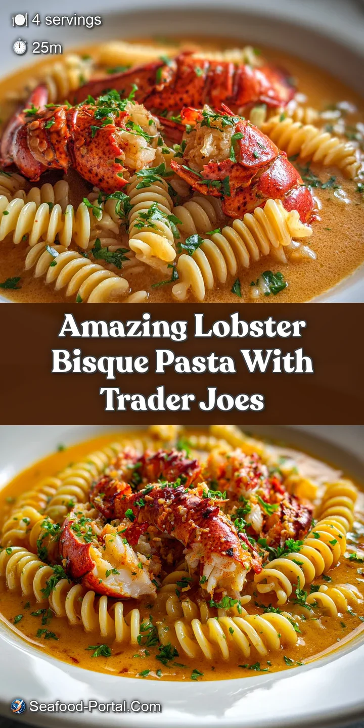 Close-up of lobster bisque pasta: tender lobster, glistening sauce, and bright green herbs create an irresistible texture.