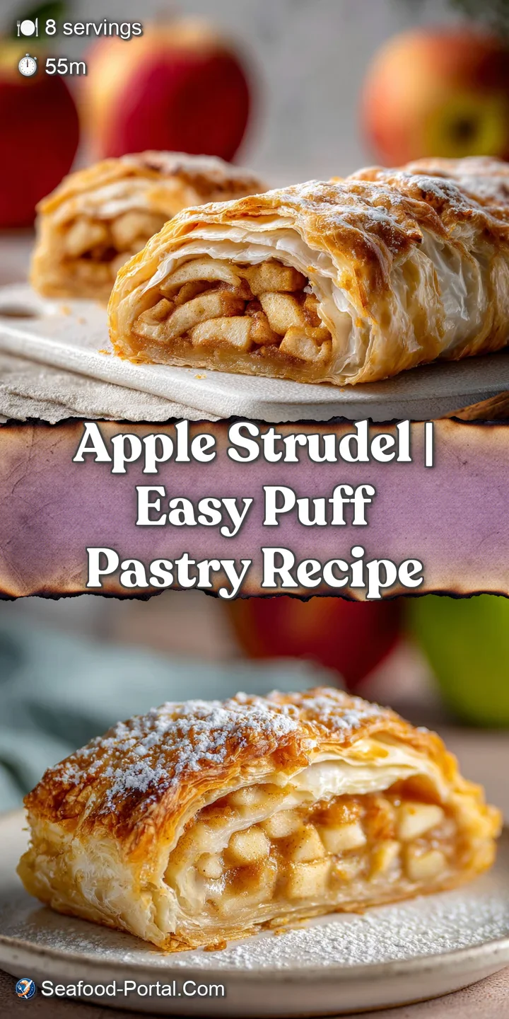 Close-up of warm apple strudel showcasing the delicate, browned layers of puff pastry and a sweet apple filling.