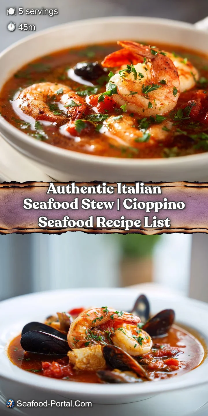 Close-up of succulent, pink shrimp and pearly white scallops nestled in a glossy, herb-flecked tomato broth.