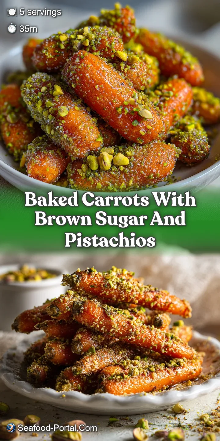 Close-up reveals textures: sticky glaze, tender carrots, crunchy pistachios. Brown sugar creates an appealing caramelized ...