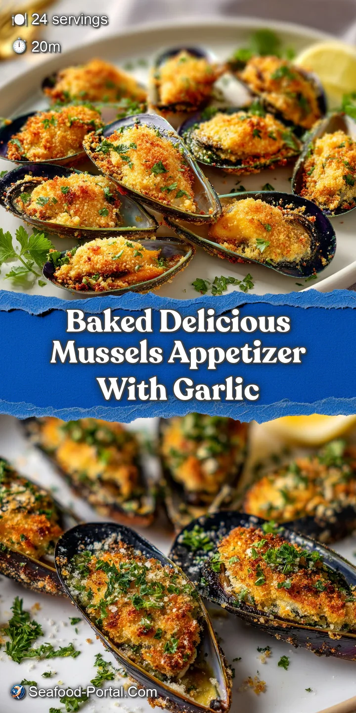 Close-up of crispy, golden-brown baked mussels, bubbling with garlic butter and fresh herbs. A delicious appetizer!