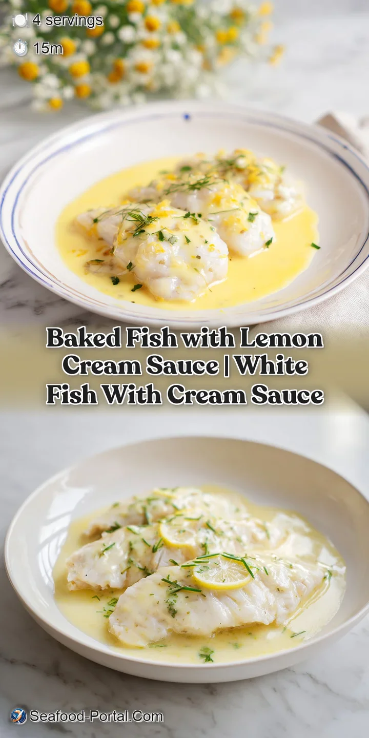 Close-up of tender, flaky white fish topped with a rich, velvety cream sauce and a zest of fresh lemon.