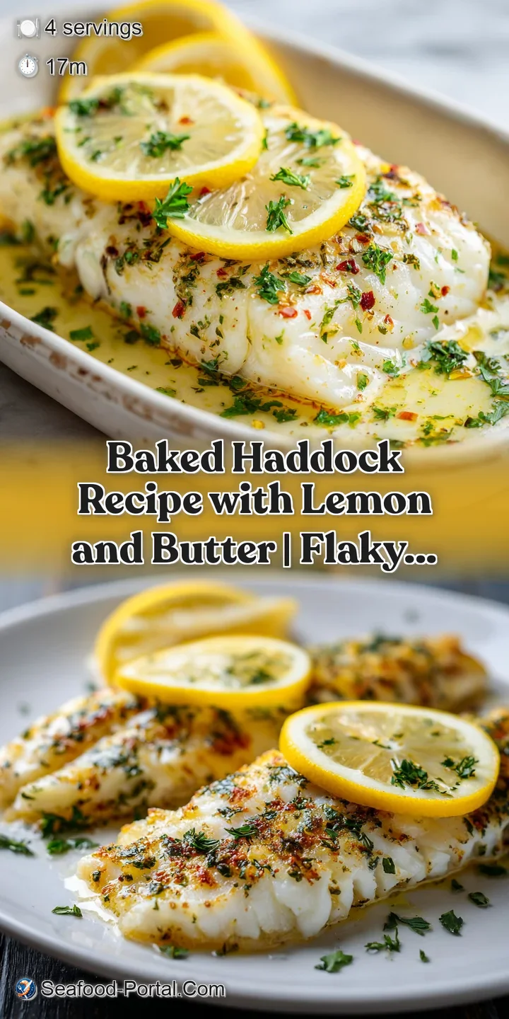 Close-up of baked haddock: tender, white fish flakes apart under a squeeze of lemon. Herb sprigs add vibrant color. Steami...