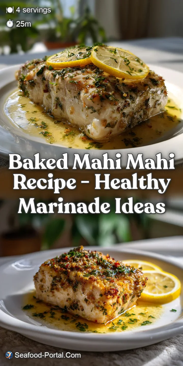 Close-up shot of the baked fish with a glistening, flaky texture. The lemon garlic marinade is clearly visible, promising ...
