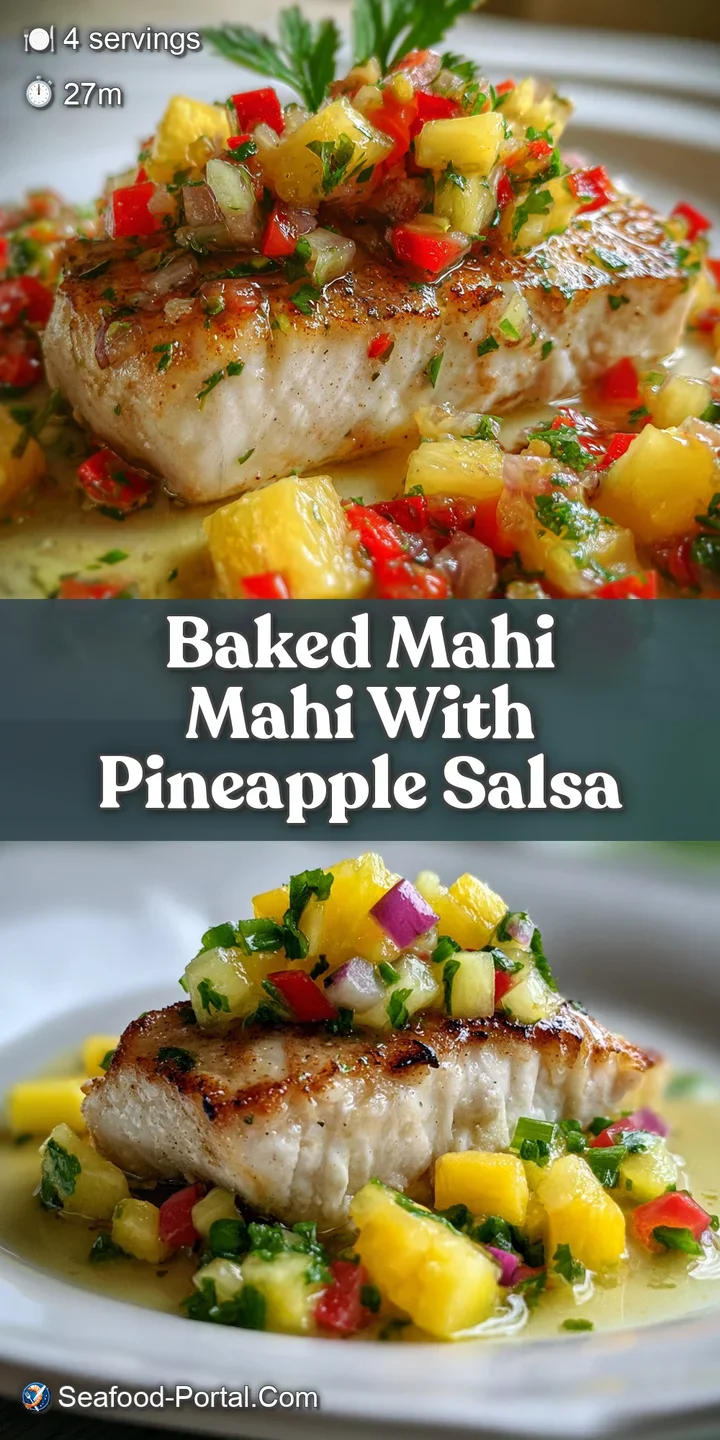 Close-up on a vibrant pineapple salsa atop a flaky piece of mahi-mahi. The fish looks moist and the salsa pops with color,...