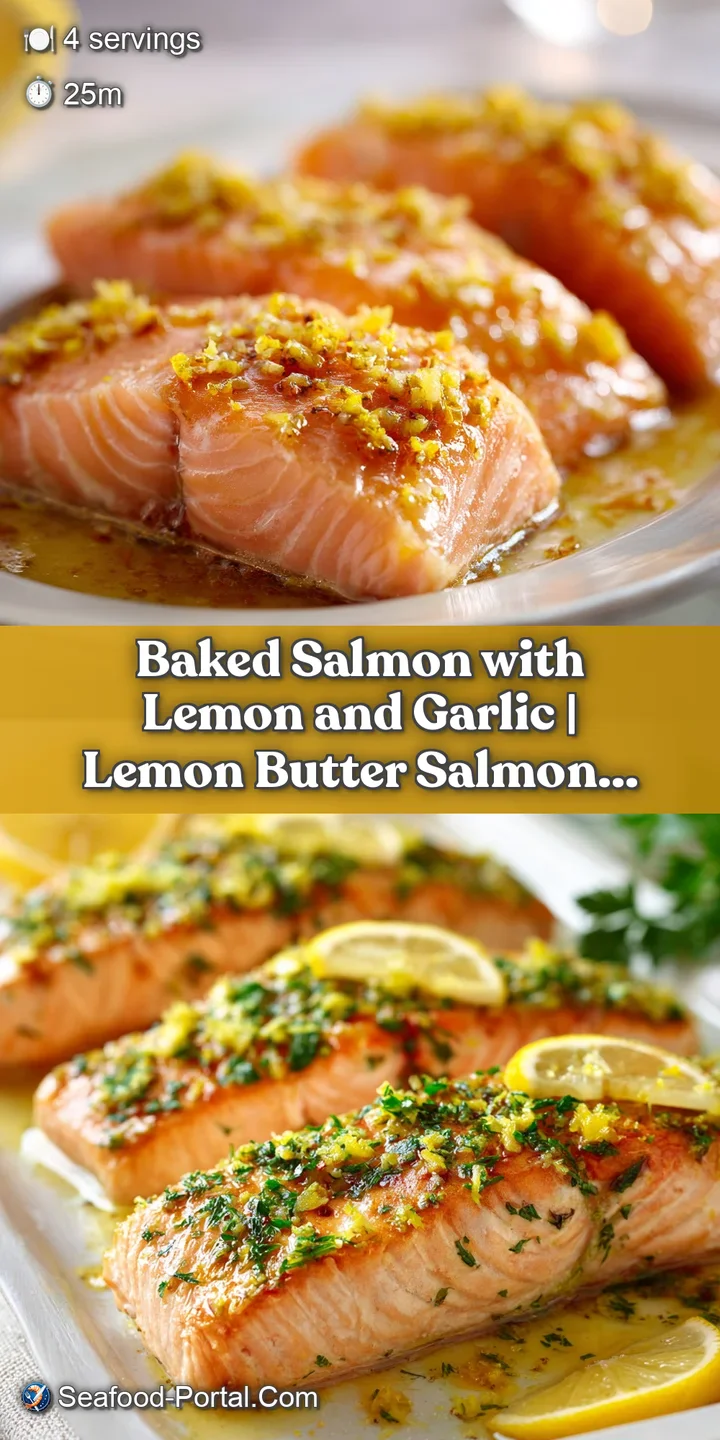 Close-up of flaky pink salmon with glistening garlic butter, toasted lemon slices, and a sprinkle of green herbs.