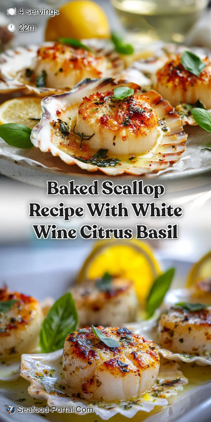 Close-up of plump, tender scallops, the glossy white wine sauce flecked with bright green basil and specks of lemon zest.