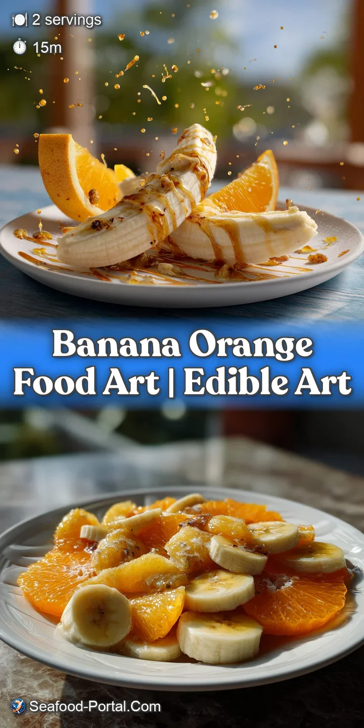 Close-up of juicy orange and banana slices; segments carefully arranged to form a refreshing and cheerful sunburst design.