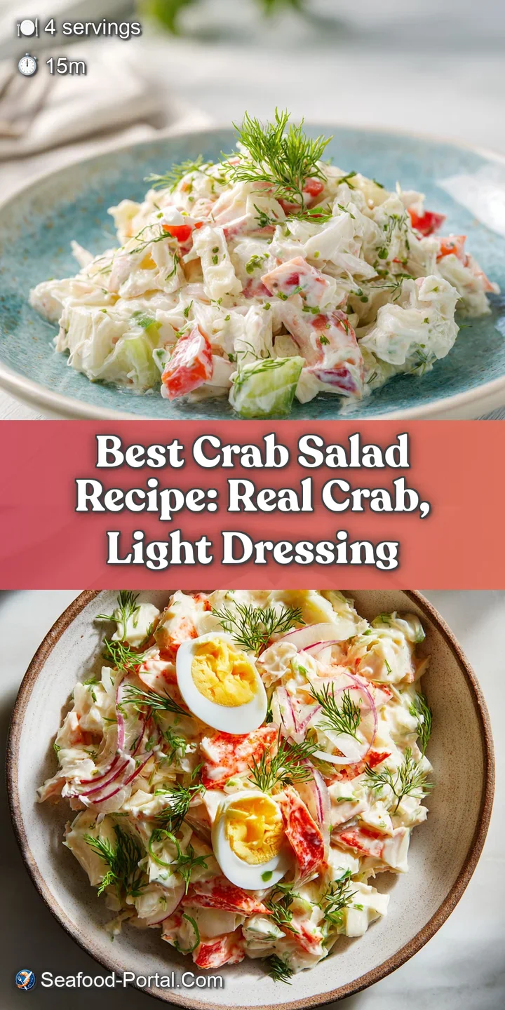 Close-up of luscious crab salad, showcasing succulent crab meat, colorful veggies, and a creamy dressing with flecks of fr...