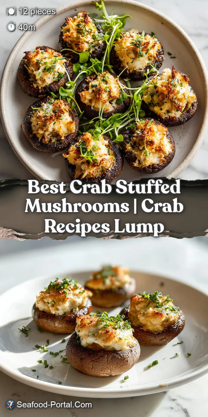 Close-up of a bubbly, golden-brown crab stuffing inside a tender mushroom cap with a glossy, melted finish.