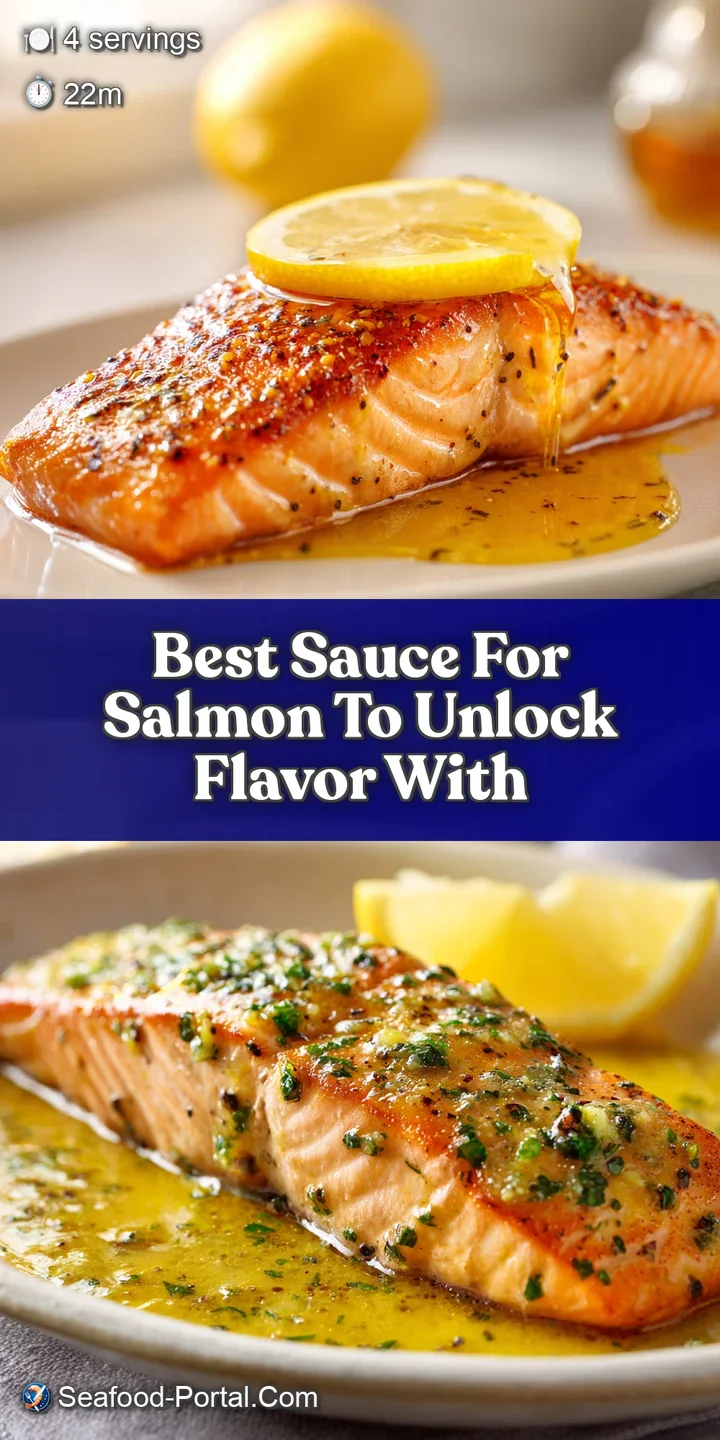 Close-up of flaky salmon bathed in a rich, glistening lemon butter sauce, hinting at a zesty, savory flavor profile.