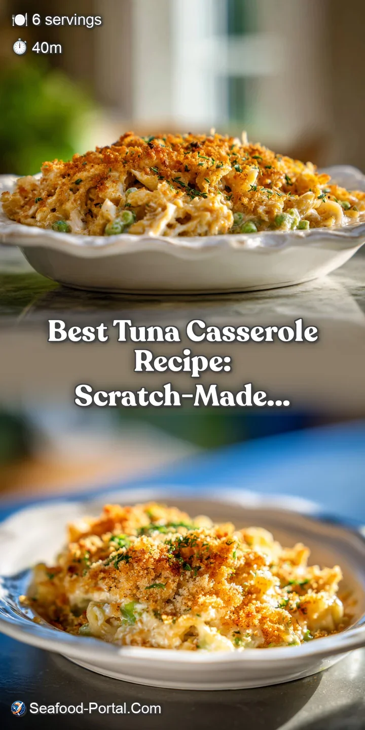 Close-up of tuna casserole: golden crust, creamy sauce bubbling around tuna and noodles. Toasted onion topping provides a ...