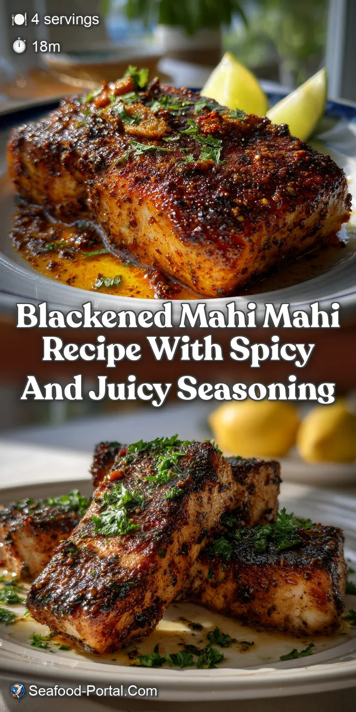 Close-up of flaky blackened Mahi Mahi with a crispy, seasoned crust. Juices glistening, hinting at a burst of flavorful sp...