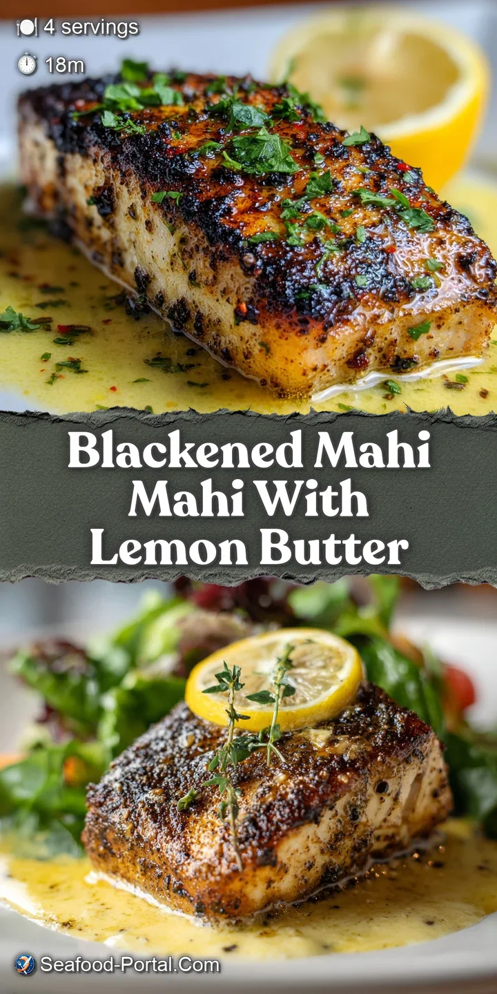 Close-up of moist, blackened mahi-mahi, the lemon butter sauce pools invitingly. Crisp edges and vibrant specks of herbs. ...