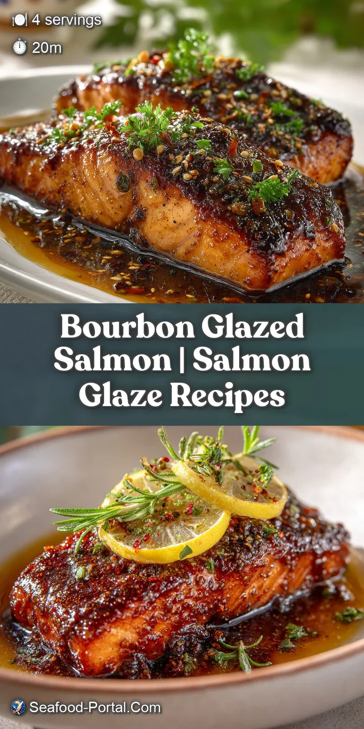 Close-up of glazed salmon with a caramelized crust. Glistening bourbon glaze highlights its flaky texture. A delicious sal...